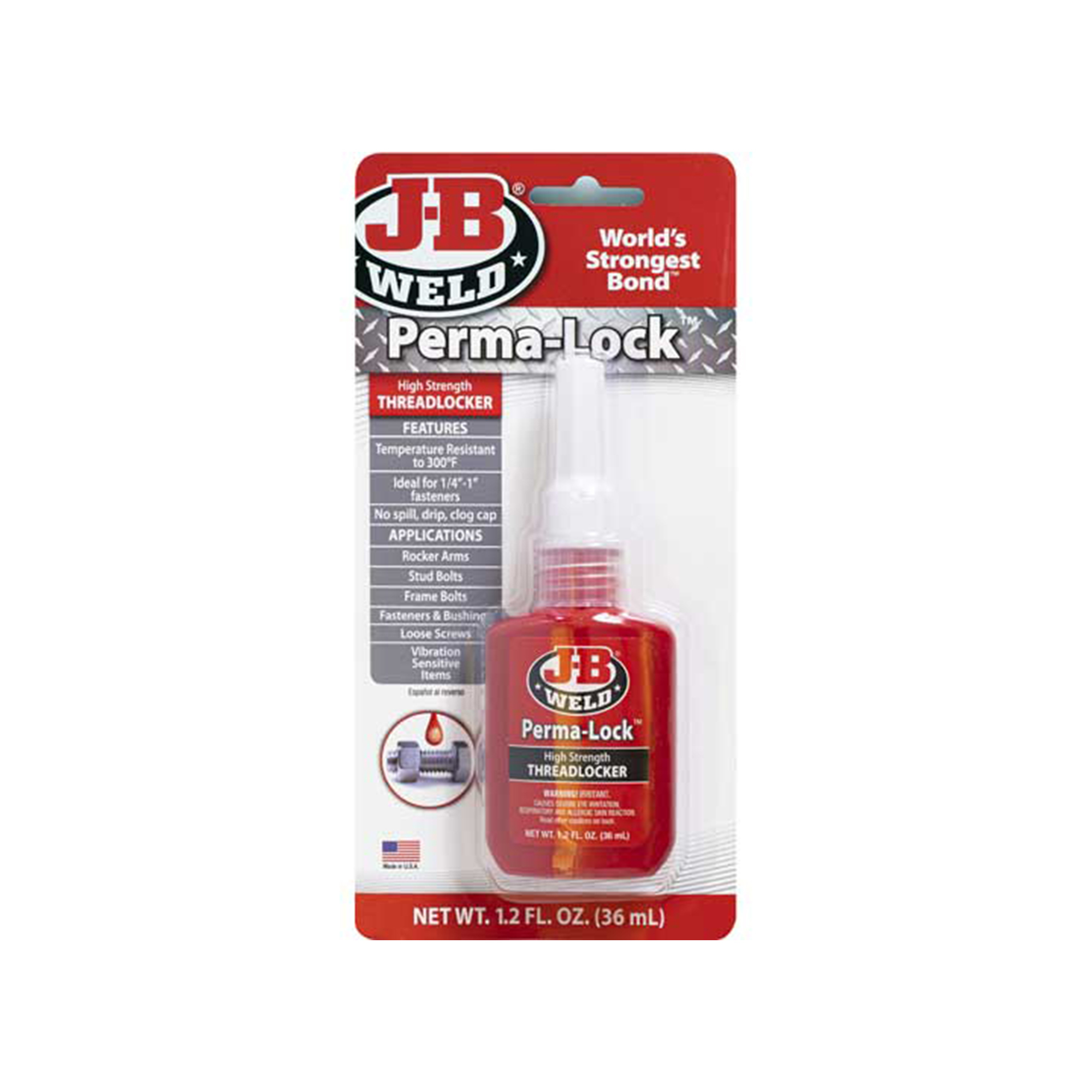 JB Weld Perma-Lock Red High Strength Threadlocker — 36ml Carded Bottle, Heavy-Duty Fastening, Model# JBW27136